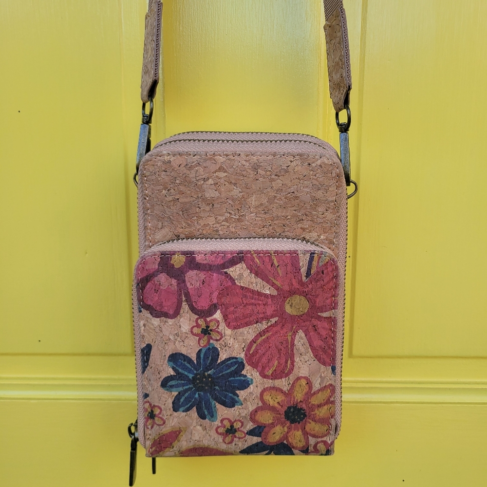 Cork Floral Triple Zip Crossbody Bag Adjustable Canvas Strap